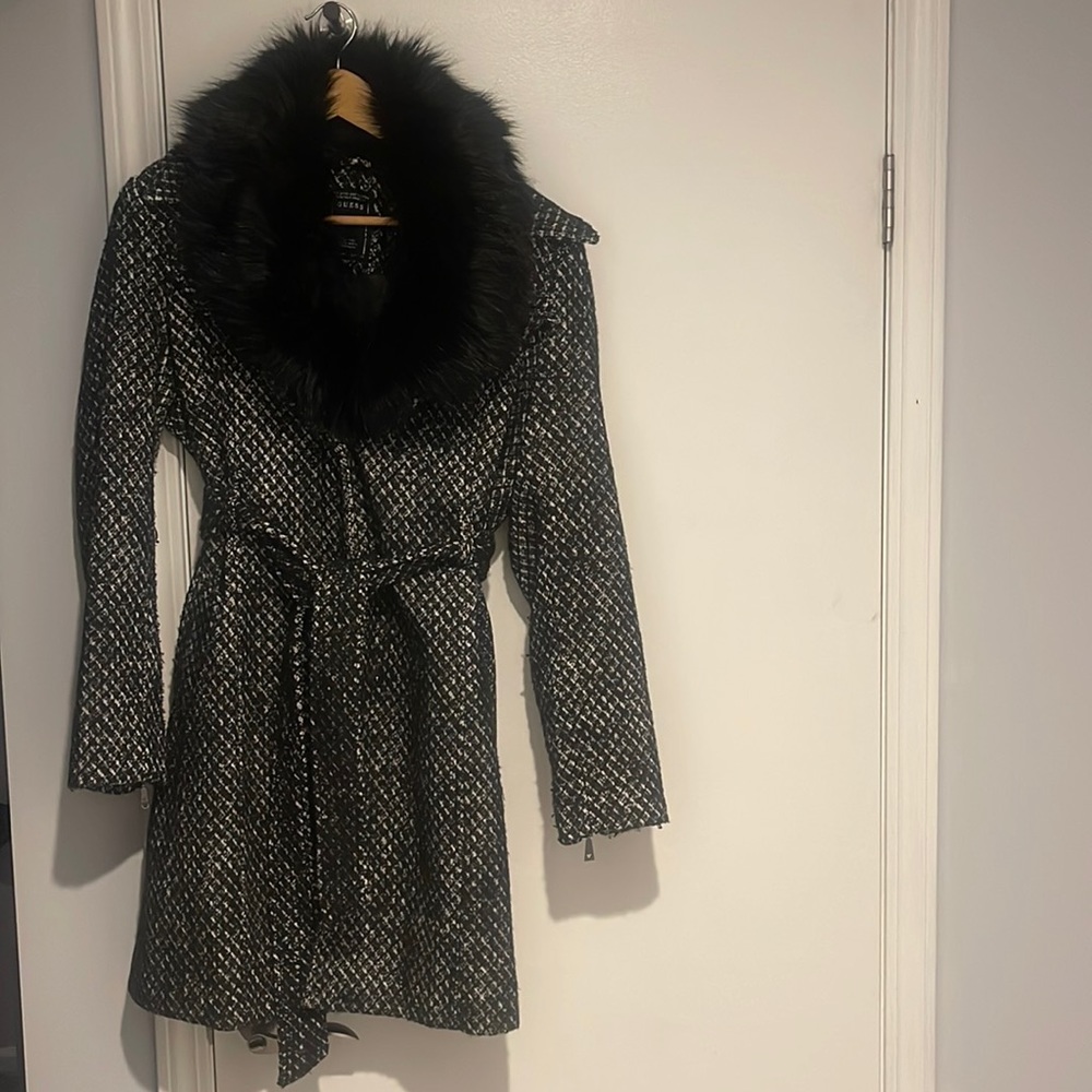 Guess Long Coat with Faux Fur Collar size Large